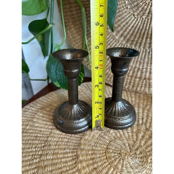 Vintage Speckled Bronze Taper Candle Holders – Pair - Picture 8 of 9